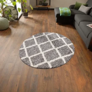 Covor rotund shaggy »Linz« cu fir lung, gri cu alb, 140 cm diametru