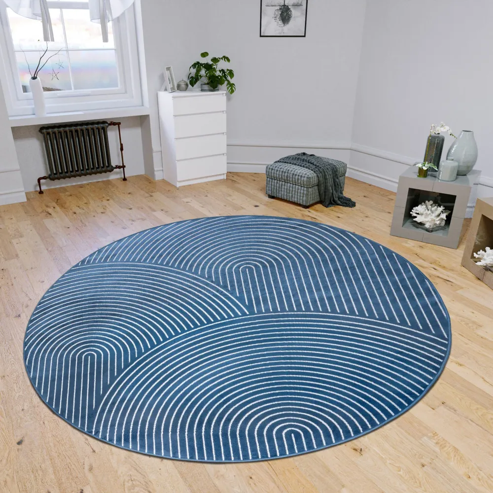 Covor rotund subtire Faron din bumbac design scandi boho albastru, 160 cm