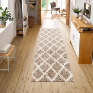 Covor traversă Linz cu fir lung pufos alb cu bej, 90x250 cm