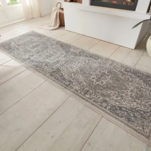 Covor traversa Orken cu fire scurte gri, model oriental vintage 80x200 cm