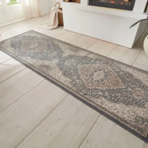 Covor traversa Orken cu fire scurte maro, model oriental vintage 80x200 cm
