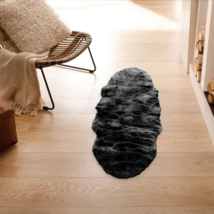 Covor Valeria din blana ecologica pufos negru 65x180 cm