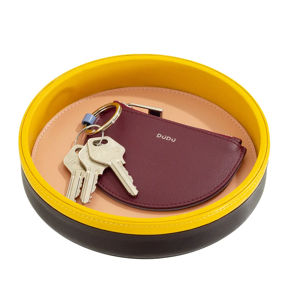 DUDU Tavă rotundă de buzunar pentru intrare din piele, tavă mică cu design multicolor de 16 cm, obiect decorativ pentru casă