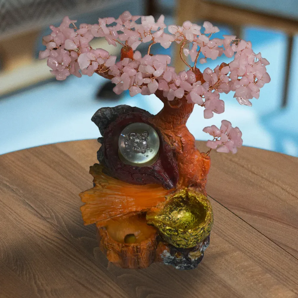 Fantana arteziana, Feng Shui, LED, pompa submersibila, pietre semipretioase de Cuart Roz, Naimeed D3009-Roz, Inaltime 28cm