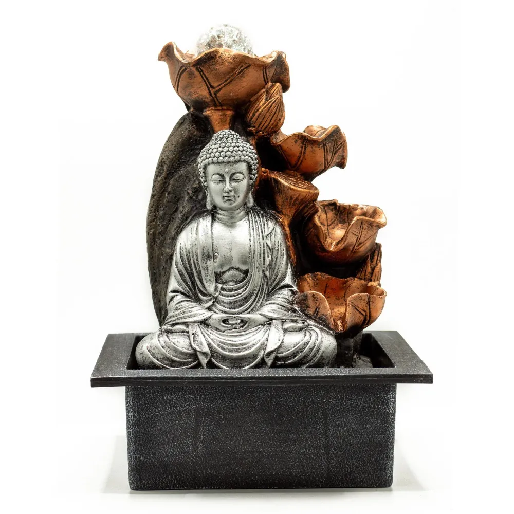 Fântână de apă de masă Buddha argintiu cu bilă de cristal 35cm