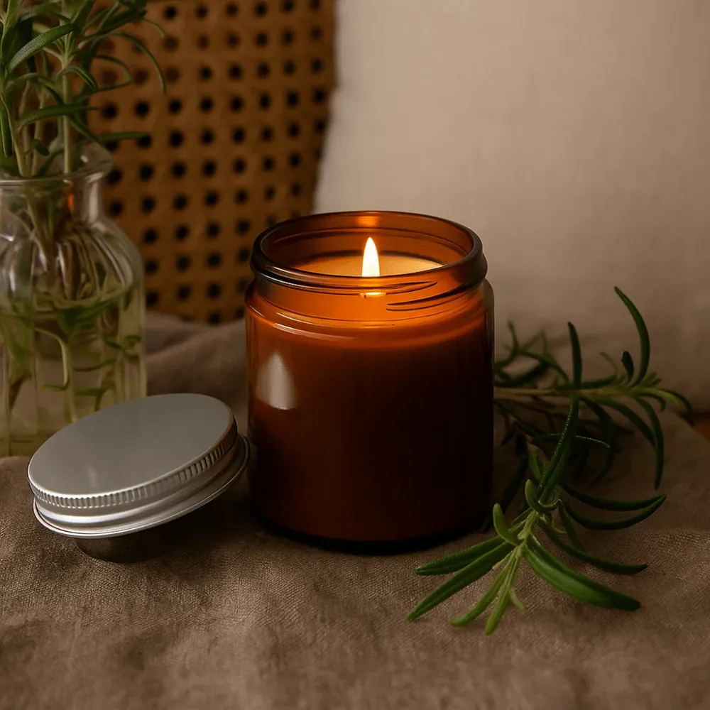 Lumânare de aromaterapie cu uleiuri esențiale de rozmarin și ceară de soia