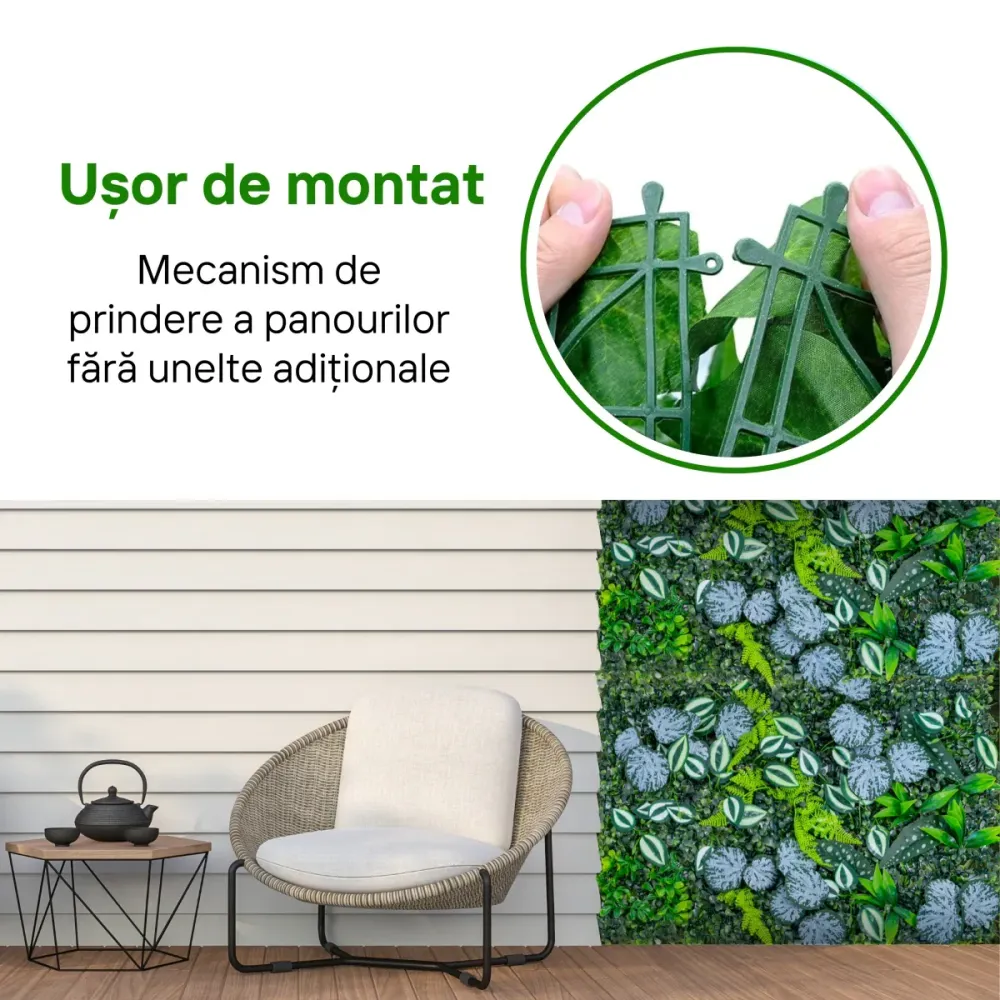 Panou din plante artificiale, cu frunze, Naimeed D5897, Verde Multicolor, 600x400mm
