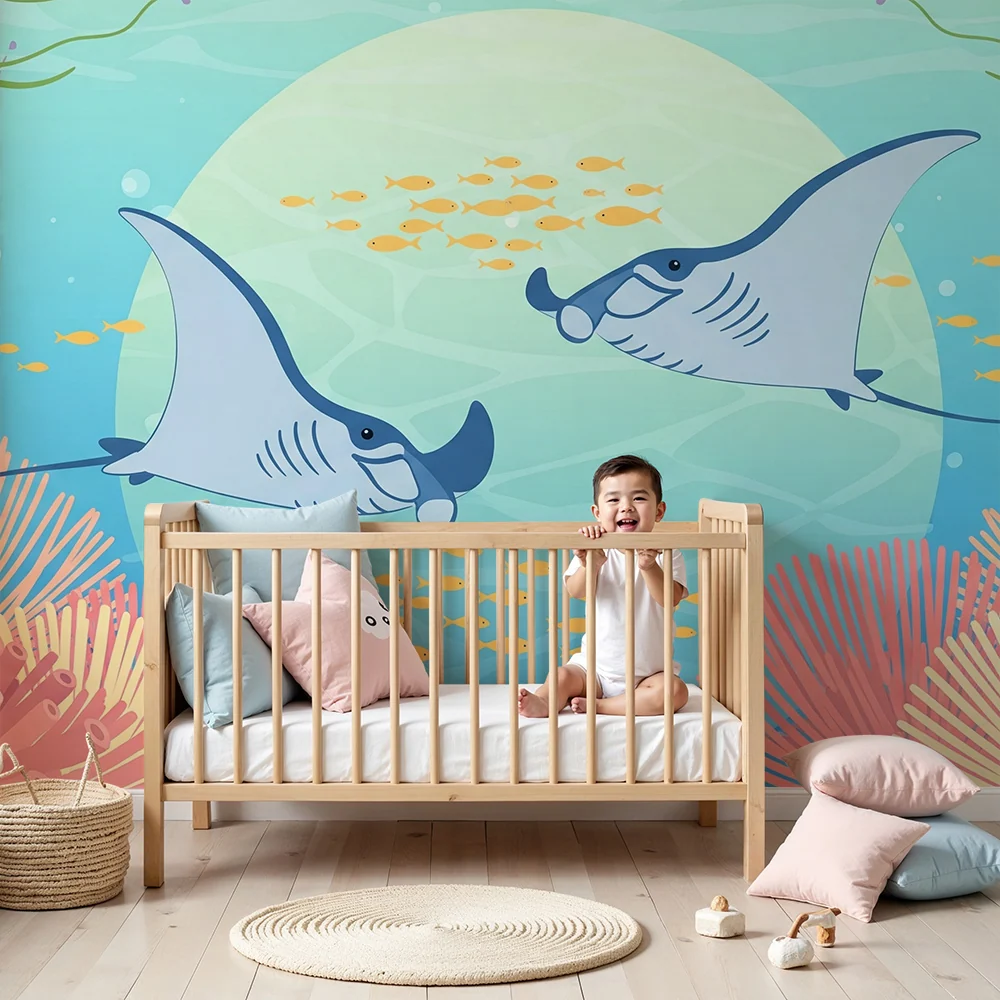 Papel de parede copii | Raie manta si corali colorati sub ocean
