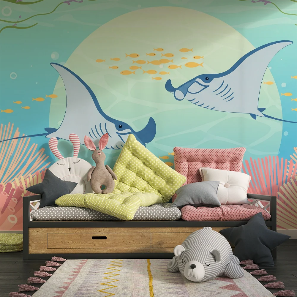 Papel de parede copii | Raie manta si corali colorati sub ocean