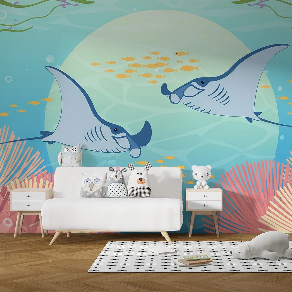 Papel de parede copii | Raie manta si corali colorati sub ocean