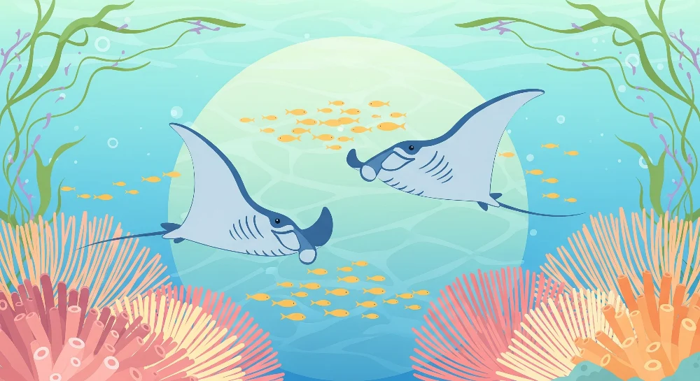Papel de parede copii | Raie manta si corali colorati sub ocean