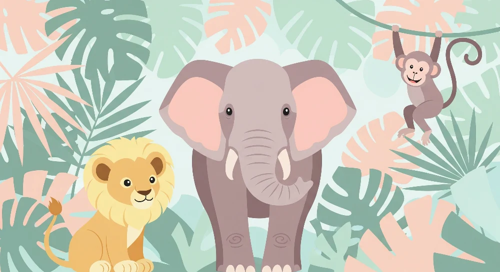 Papel de parede crianç | Animale din junglă cu elefant, leu și maimuță