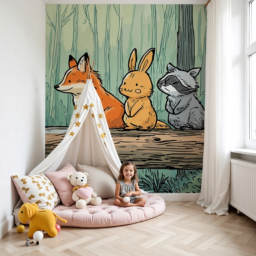 Papel de parede crianç | Animale din pădure pe un butuc cu decor natural