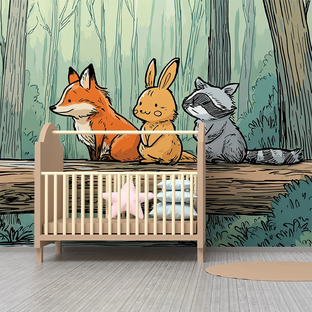Papel de parede crianç | Animale din pădure pe un butuc cu decor natural