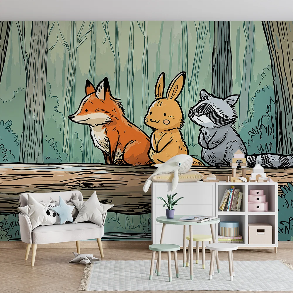 Papel de parede crianç | Animale din pădure pe un butuc cu decor natural