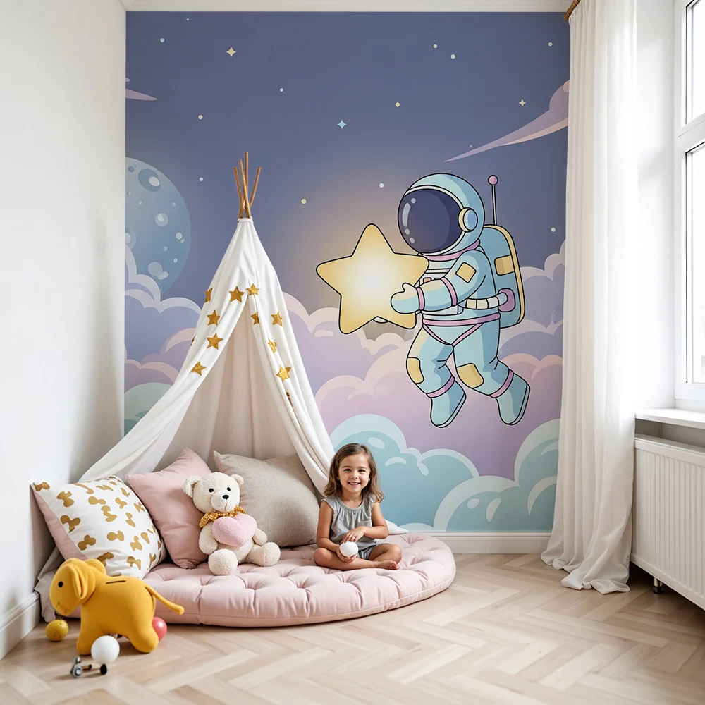 Papel de parede crianç | Astronaut plutind printre nori și stele