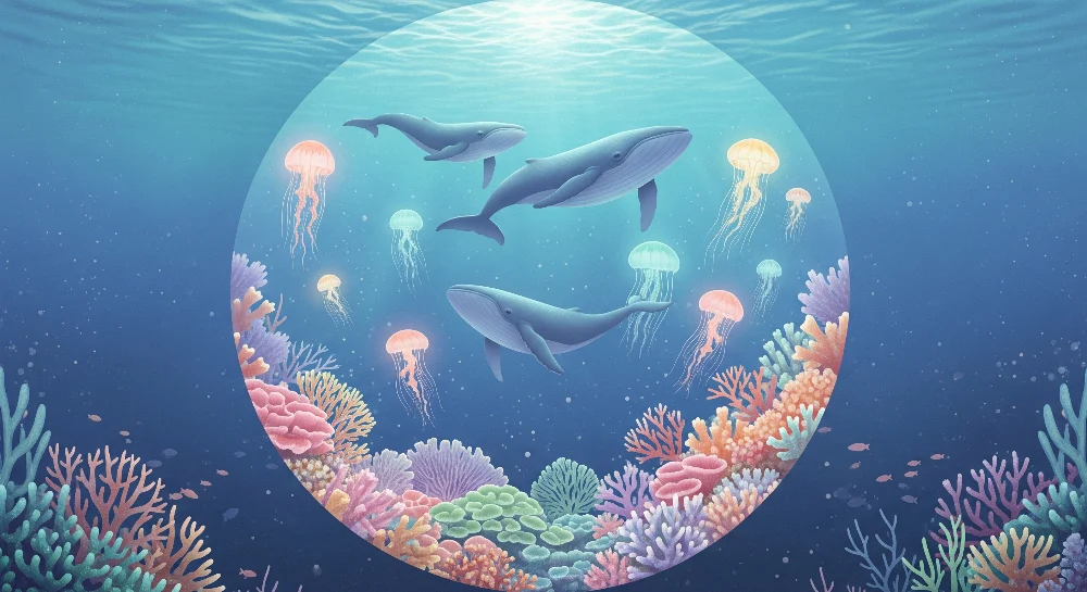 Papel de parede crianç | Balenele mărețe și coralii colorați sub ocean