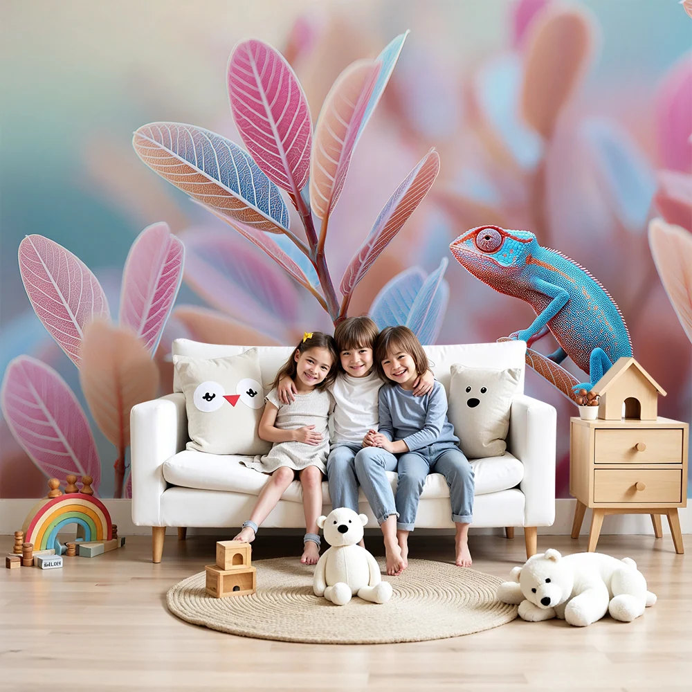 Papel de parede crianç | Camaleão colorido entre folhas pastel