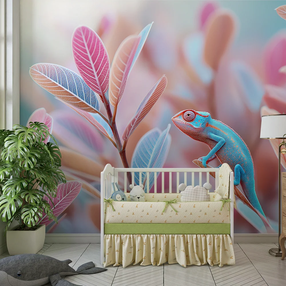 Papel de parede crianç | Camaleão colorido entre folhas pastel