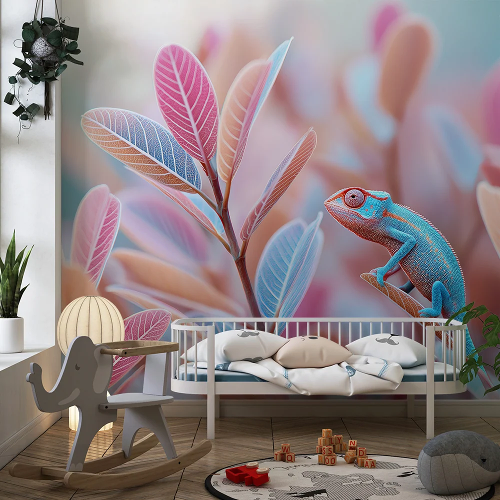 Papel de parede crianç | Camaleão colorido entre folhas pastel