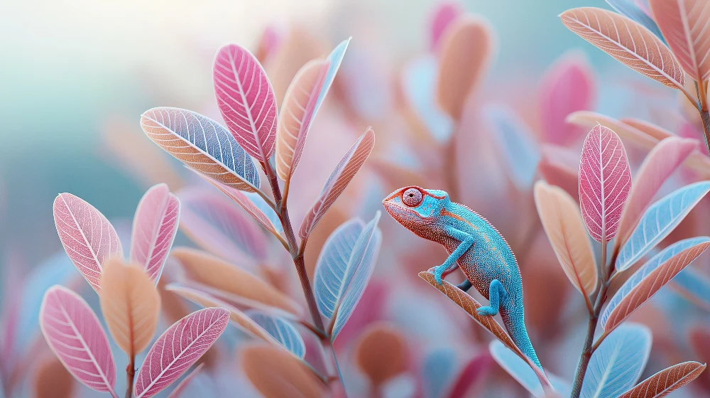 Papel de parede crianç | Camaleão colorido entre folhas pastel