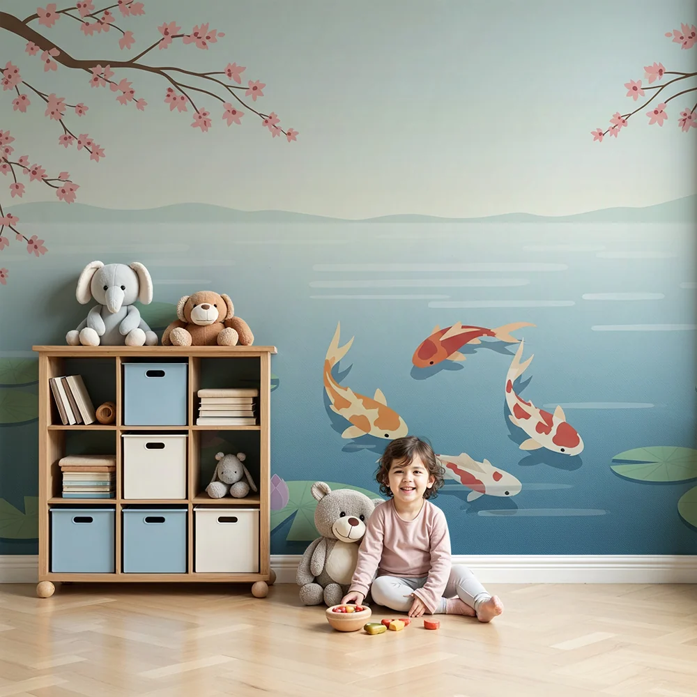 Papel de parede crianç | Carpa koi e flores de cerejeira em um lago tranquilo