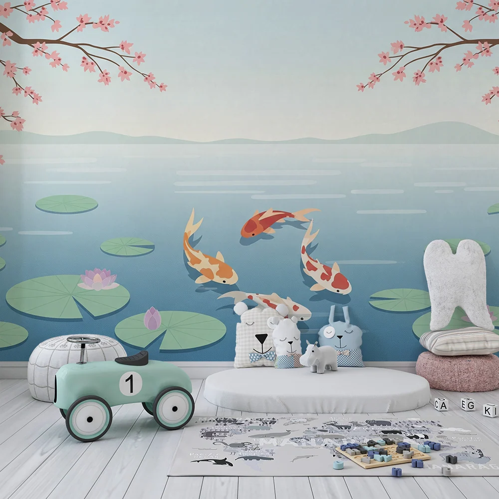 Papel de parede crianç | Carpa koi e flores de cerejeira em um lago tranquilo