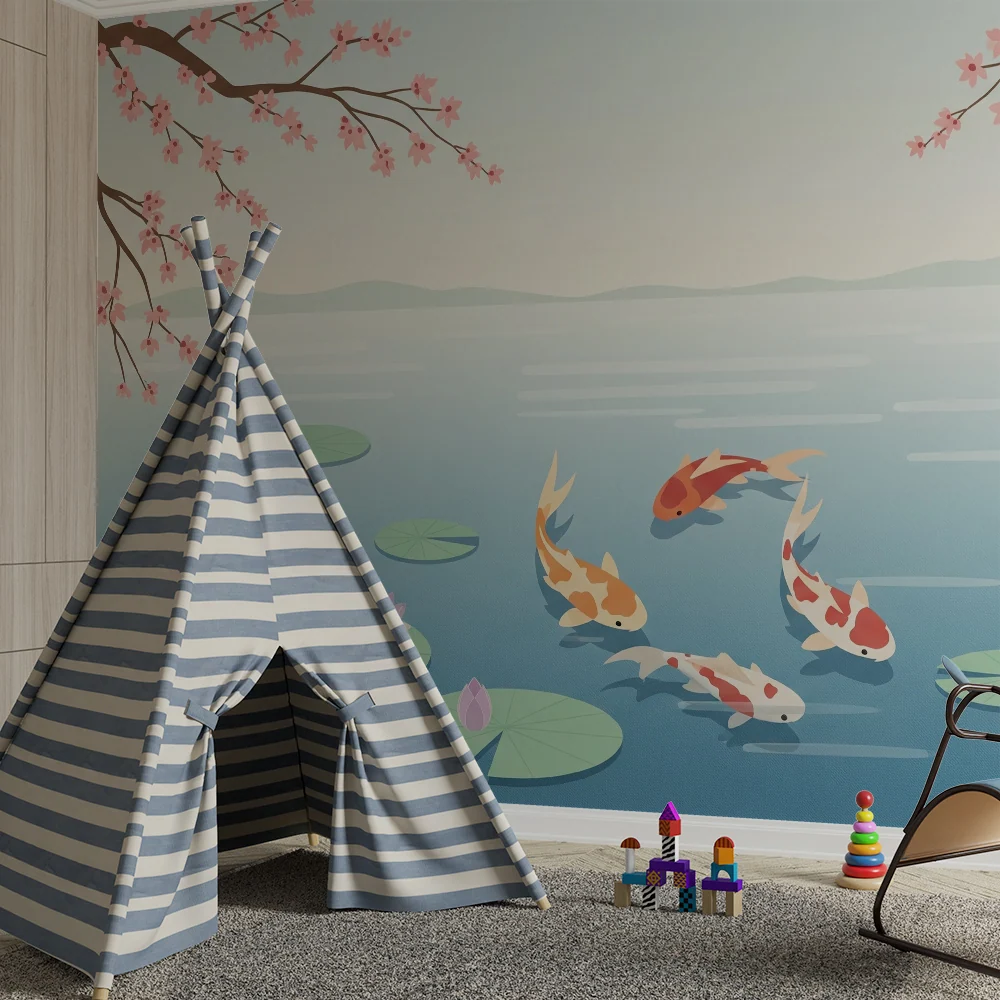 Papel de parede crianç | Carpa koi e flores de cerejeira em um lago tranquilo