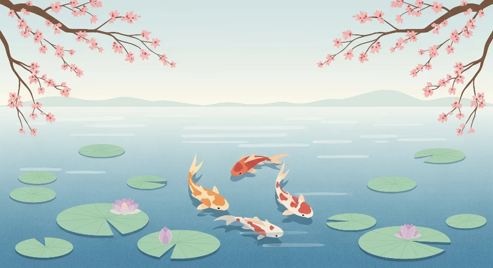 Papel de parede crianç | Carpa koi e flores de cerejeira em um lago tranquilo