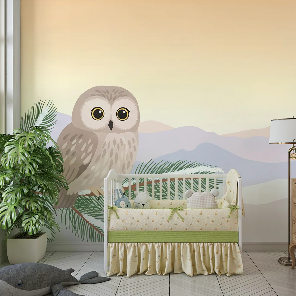 Papel de parede crianç | Coruja fofa em um galho com paisagem montanhosa