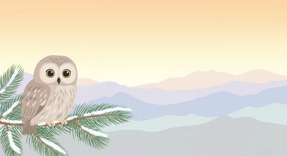 Papel de parede crianç | Coruja fofa em um galho com paisagem montanhosa