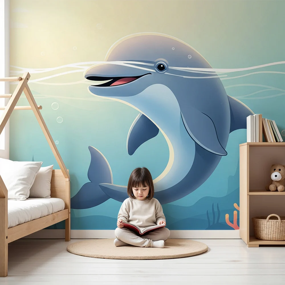 Papel de parede crianç | Delfin fericit înotând printre corali colorați