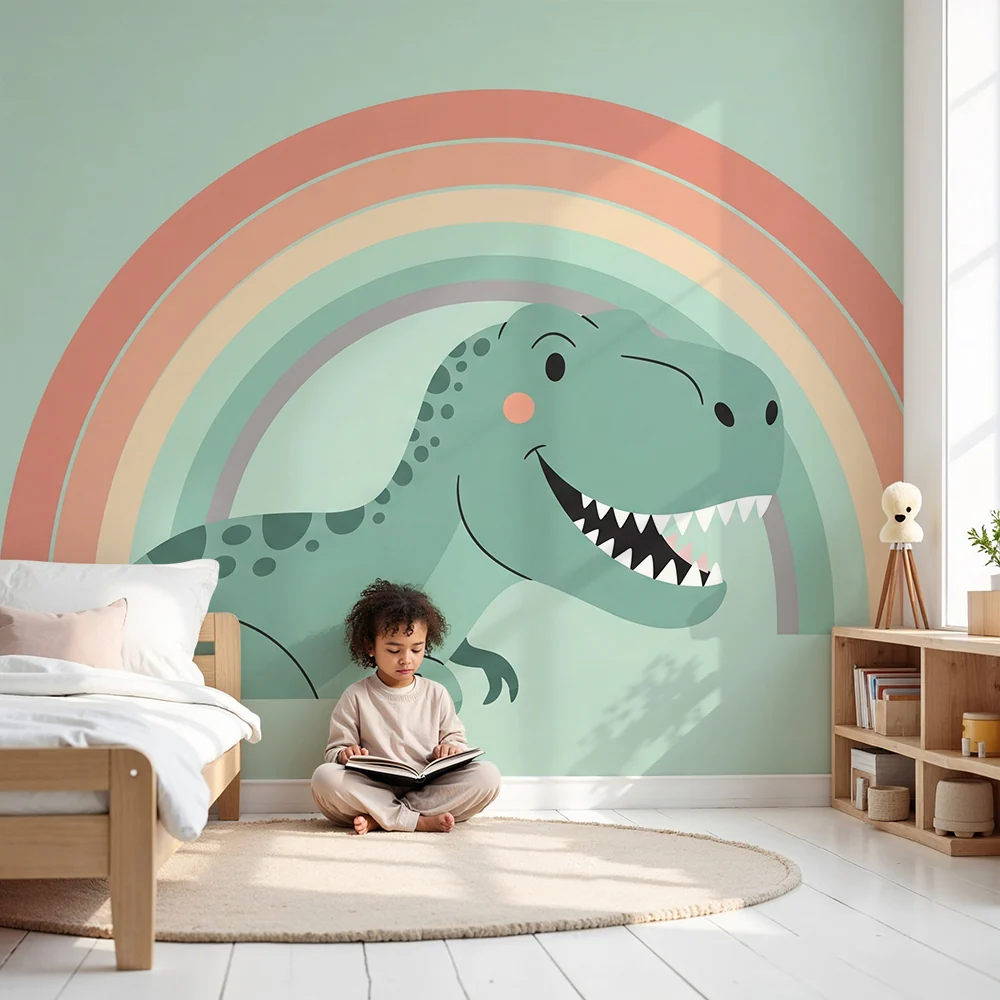 Papel de parede crianç | Dinozaur zâmbitor sub un curcubeu pastel