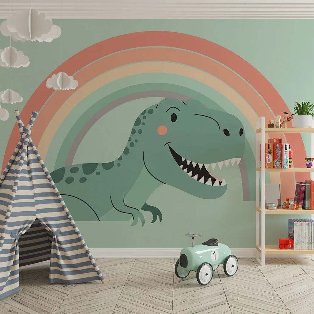 Papel de parede crianç | Dinozaur zâmbitor sub un curcubeu pastel