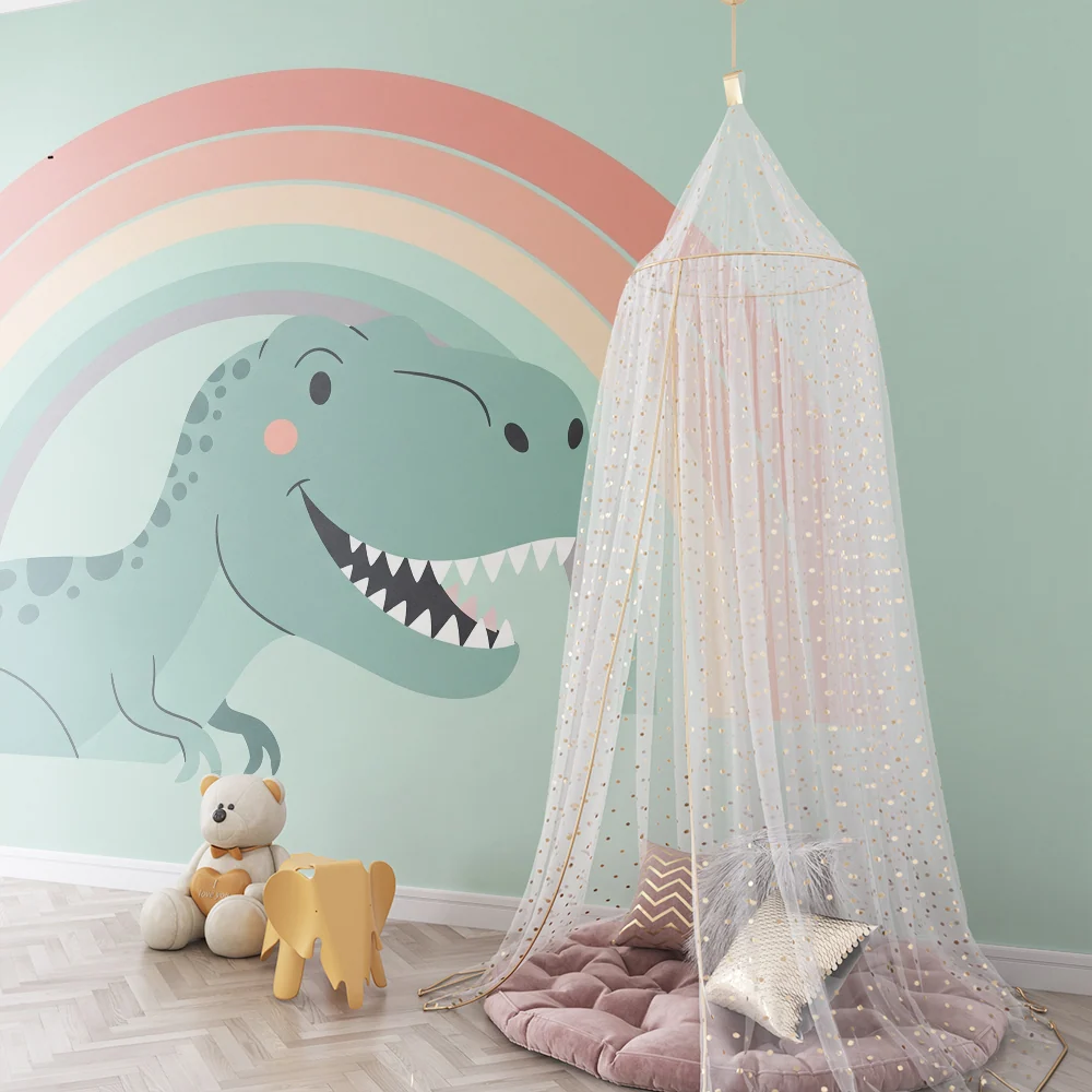 Papel de parede crianç | Dinozaur zâmbitor sub un curcubeu pastel