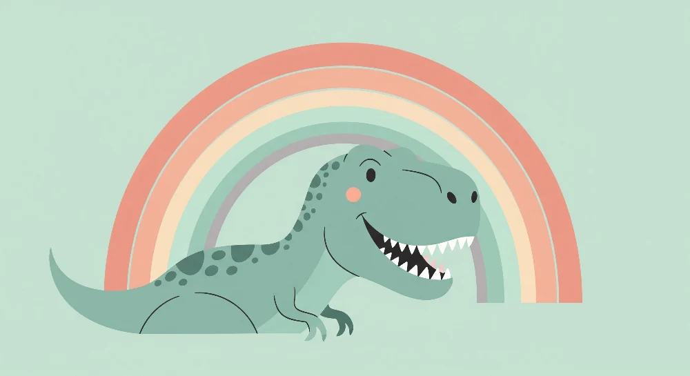 Papel de parede crianç | Dinozaur zâmbitor sub un curcubeu pastel