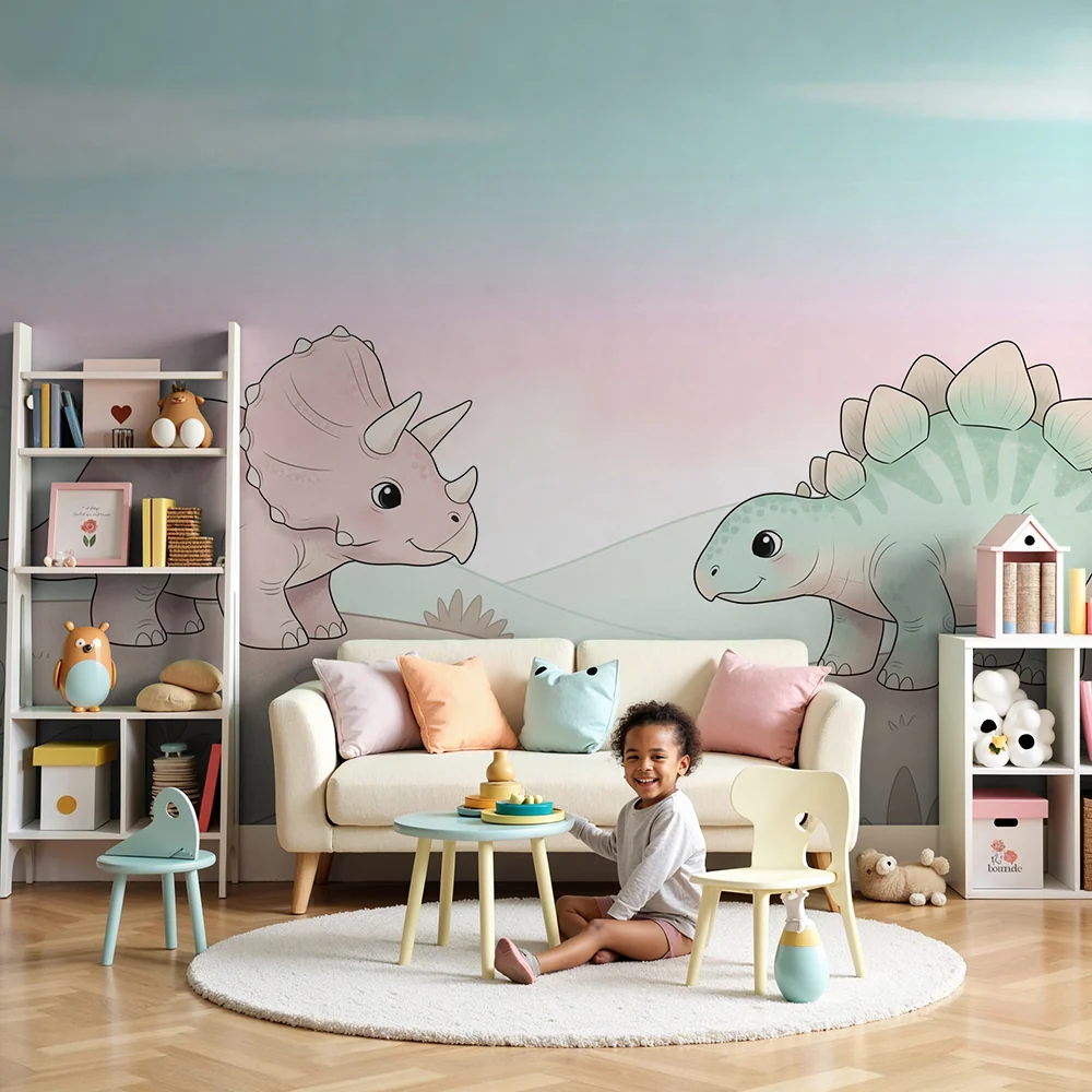 Papel de parede crianç | Dinozauri amuzanți într-un peisaj pastel