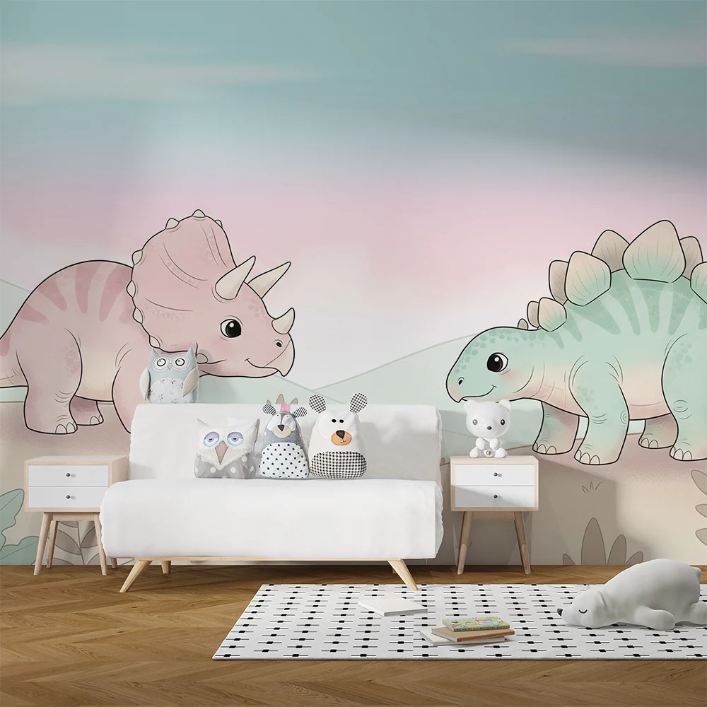 Papel de parede crianç | Dinozauri amuzanți într-un peisaj pastel