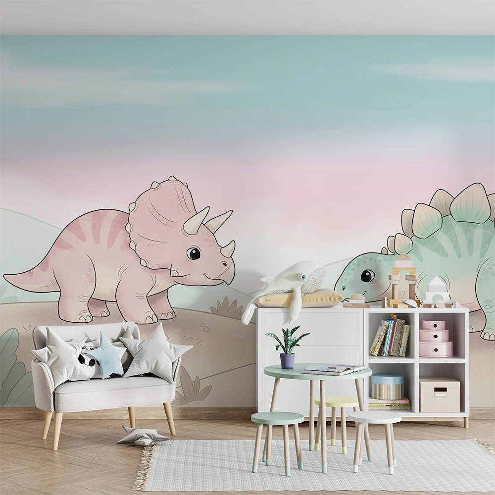 Papel de parede crianç | Dinozauri amuzanți într-un peisaj pastel