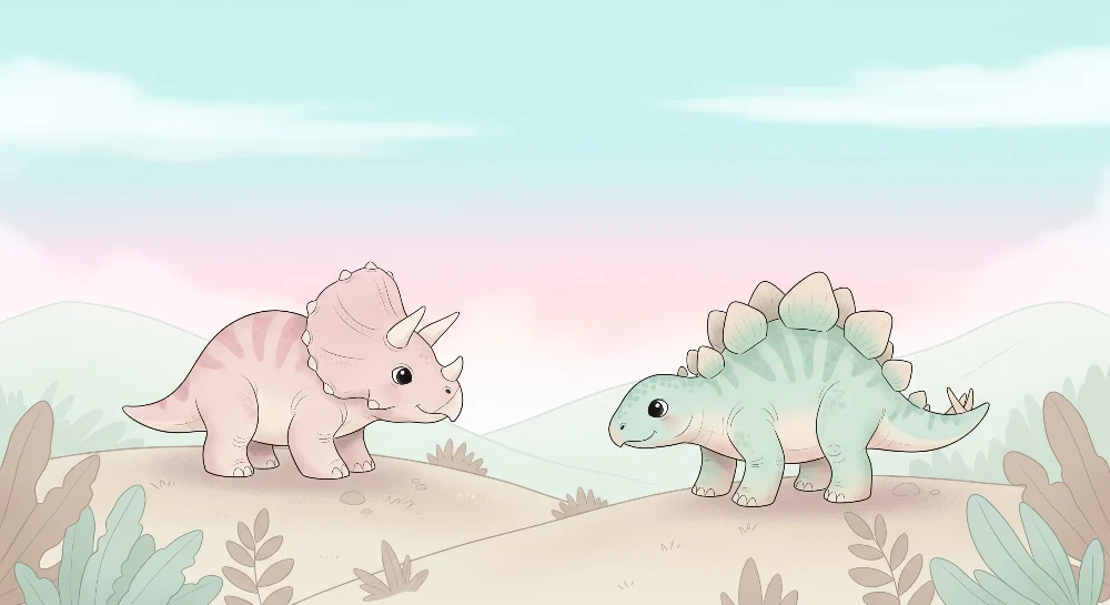 Papel de parede crianç | Dinozauri amuzanți într-un peisaj pastel