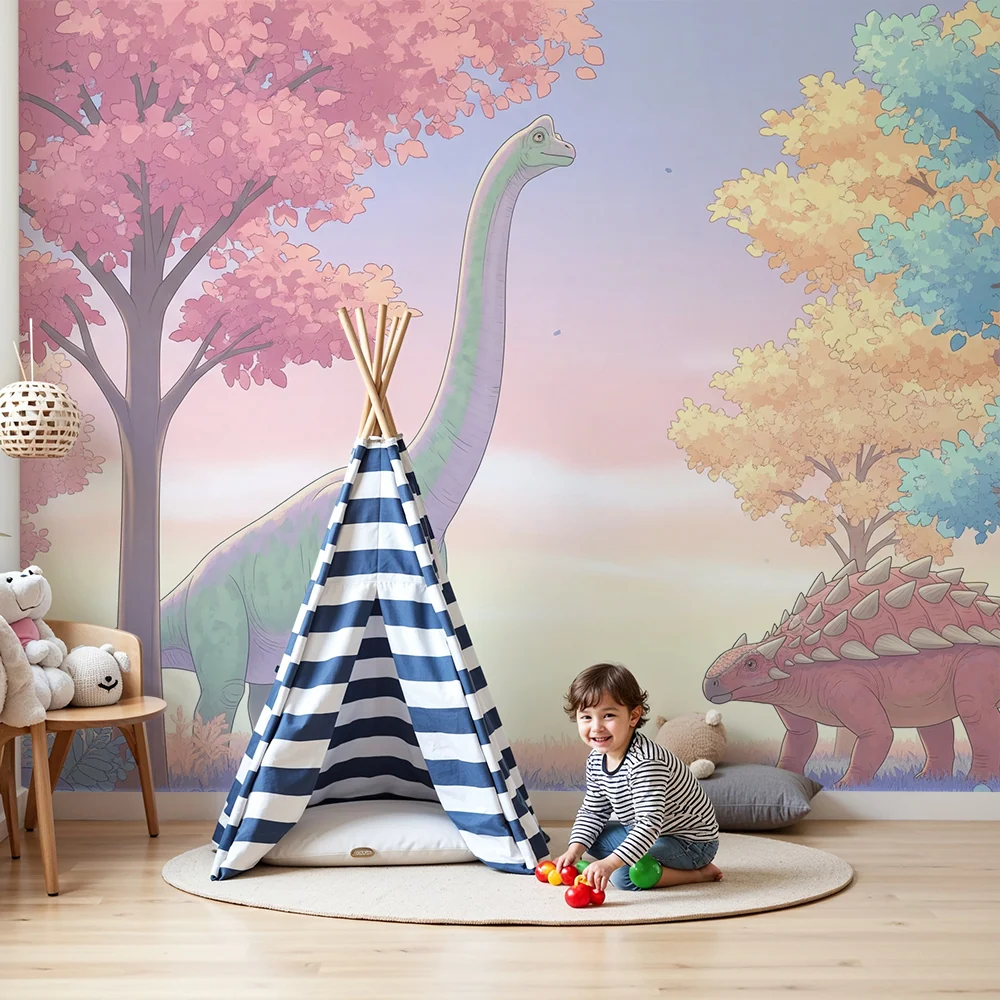 Papel de parede crianç | Dinozauri colorați sub un cer pastel