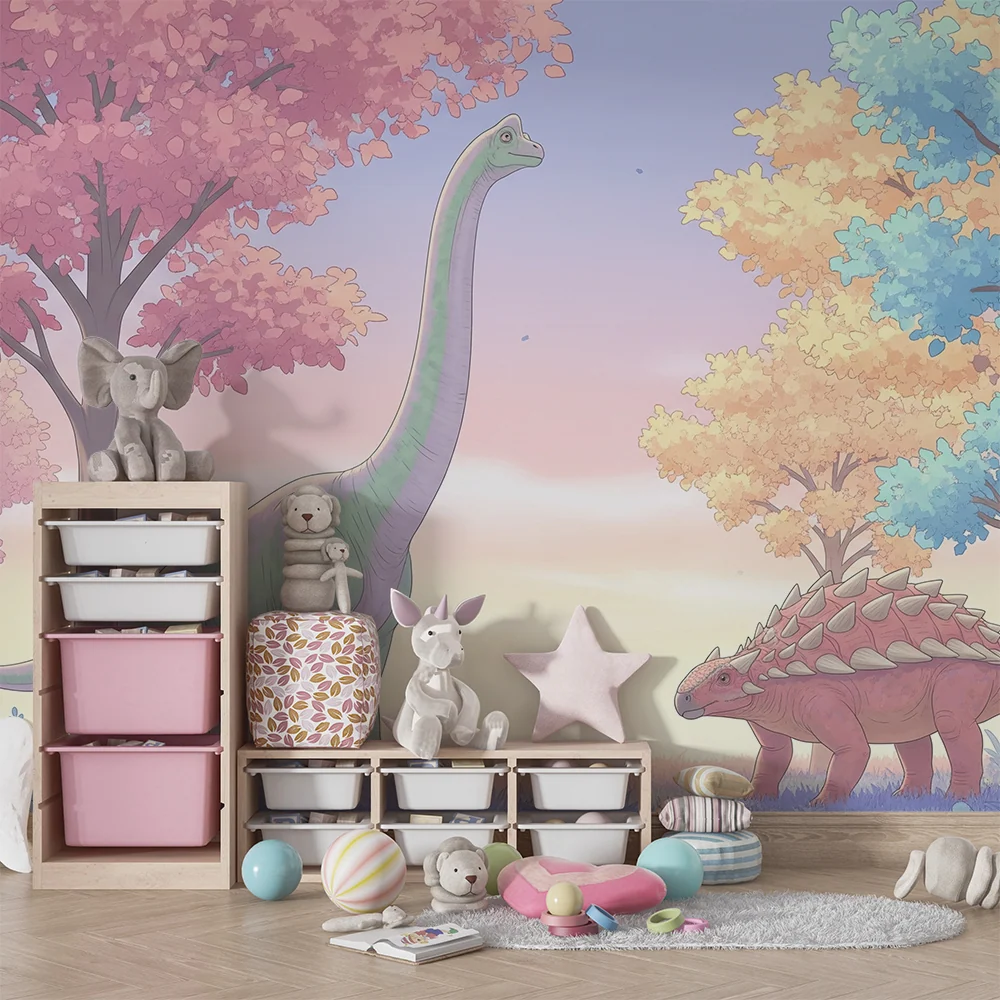 Papel de parede crianç | Dinozauri colorați sub un cer pastel