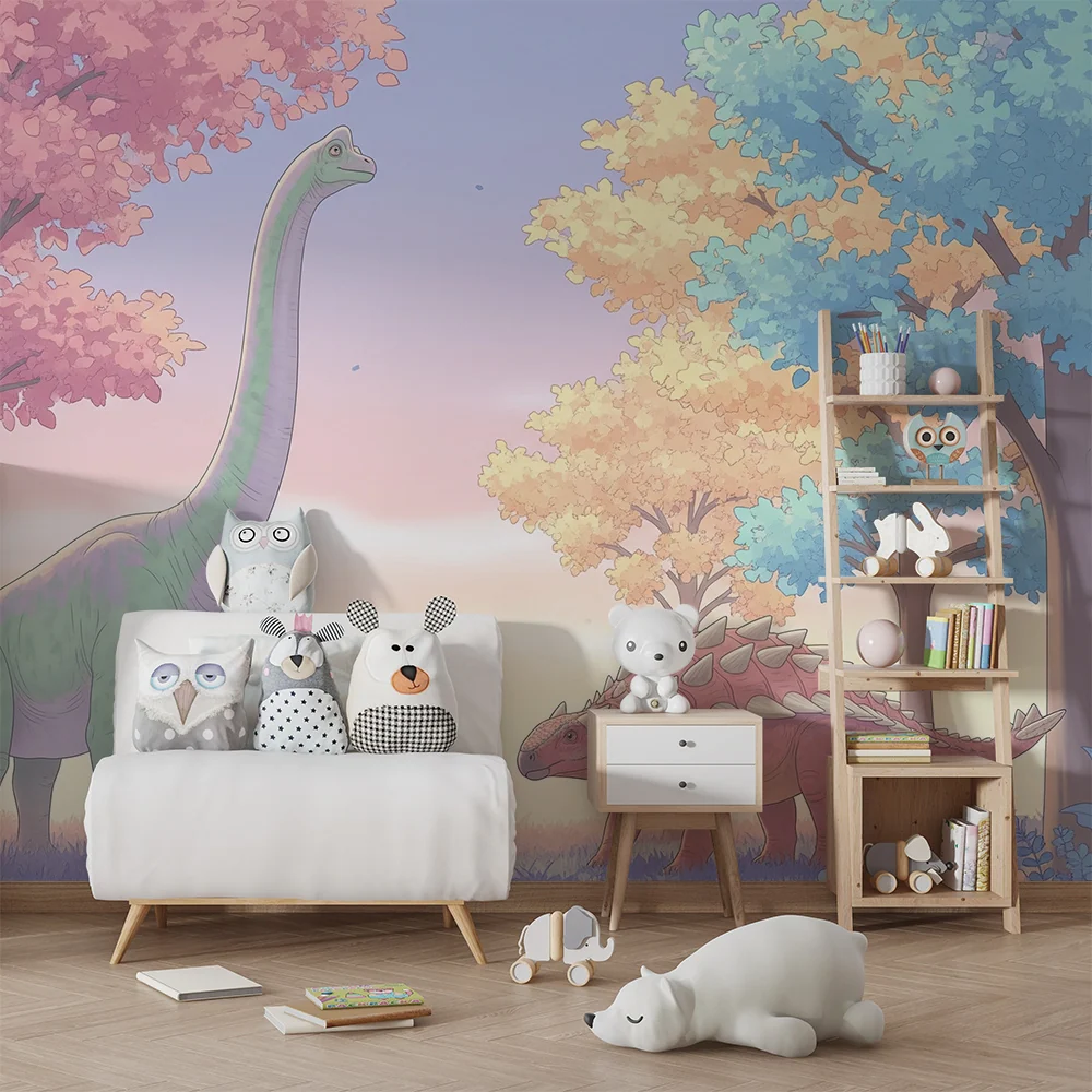 Papel de parede crianç | Dinozauri colorați sub un cer pastel