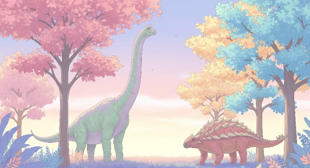 Papel de parede crianç | Dinozauri colorați sub un cer pastel