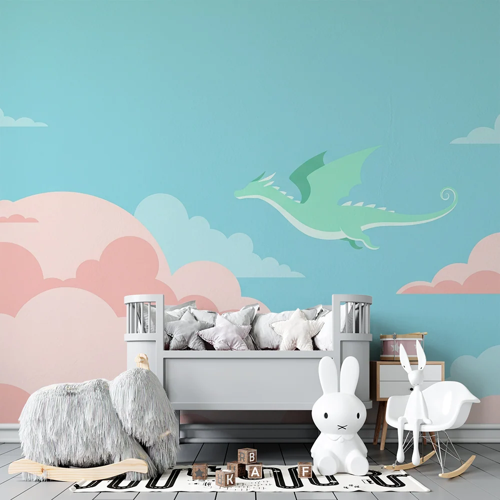 Papel de parede crianç | Dragon verde em um céu pastel com nuvens rosas