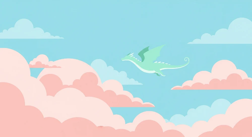 Papel de parede crianç | Dragon verde em um céu pastel com nuvens rosas