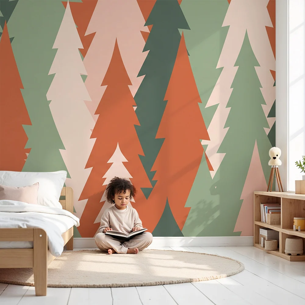 Papel de parede crianç | Floresta estilizada com árvores coloridas