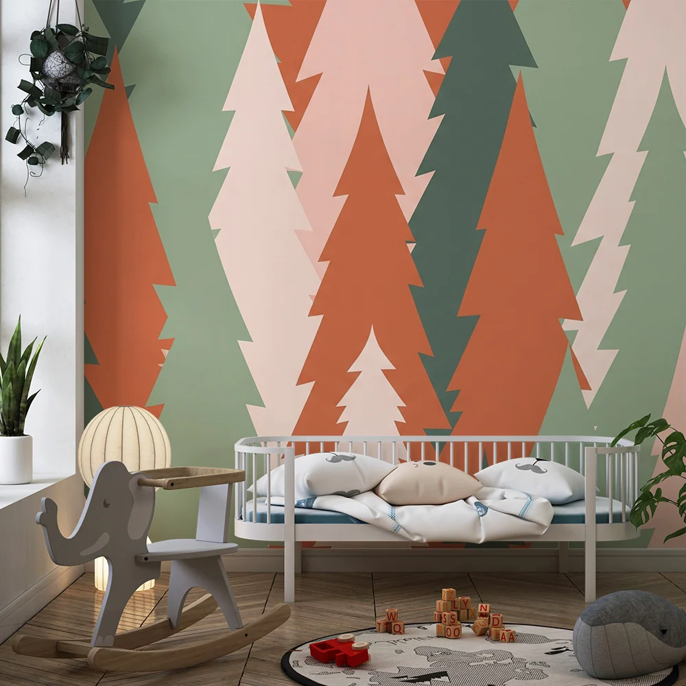 Papel de parede crianç | Floresta estilizada com árvores coloridas