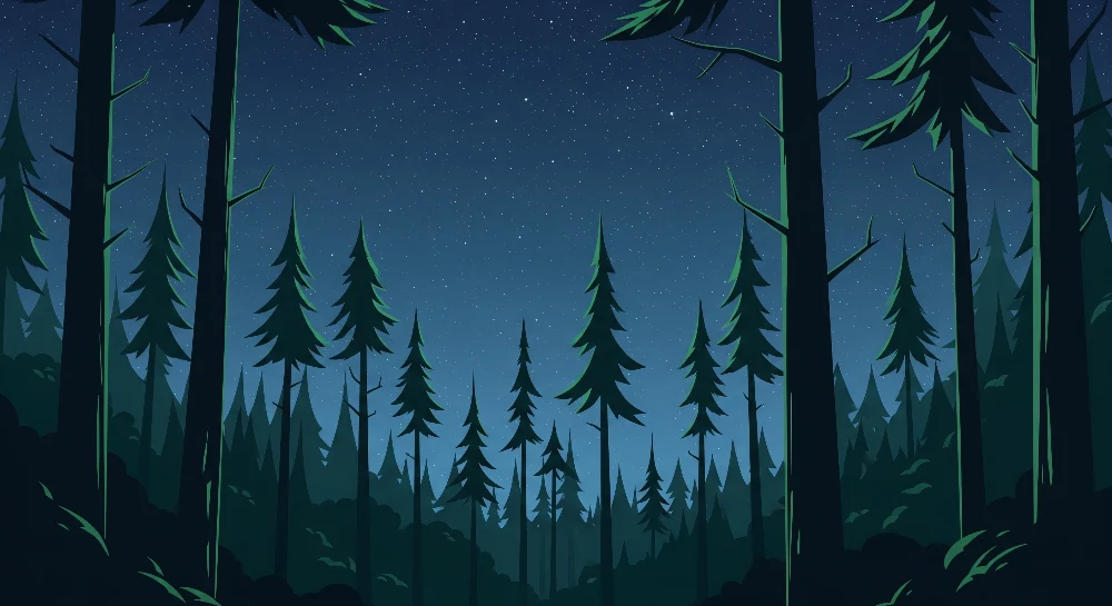 Papel de parede crianç | Floresta estrelada com grandes pinheiros verdes