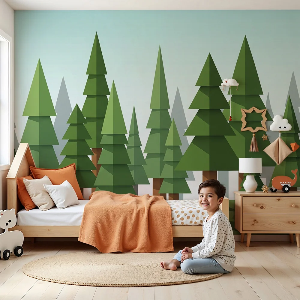 Papel de parede crianç | Floresta geométrica com árvores estilizadas